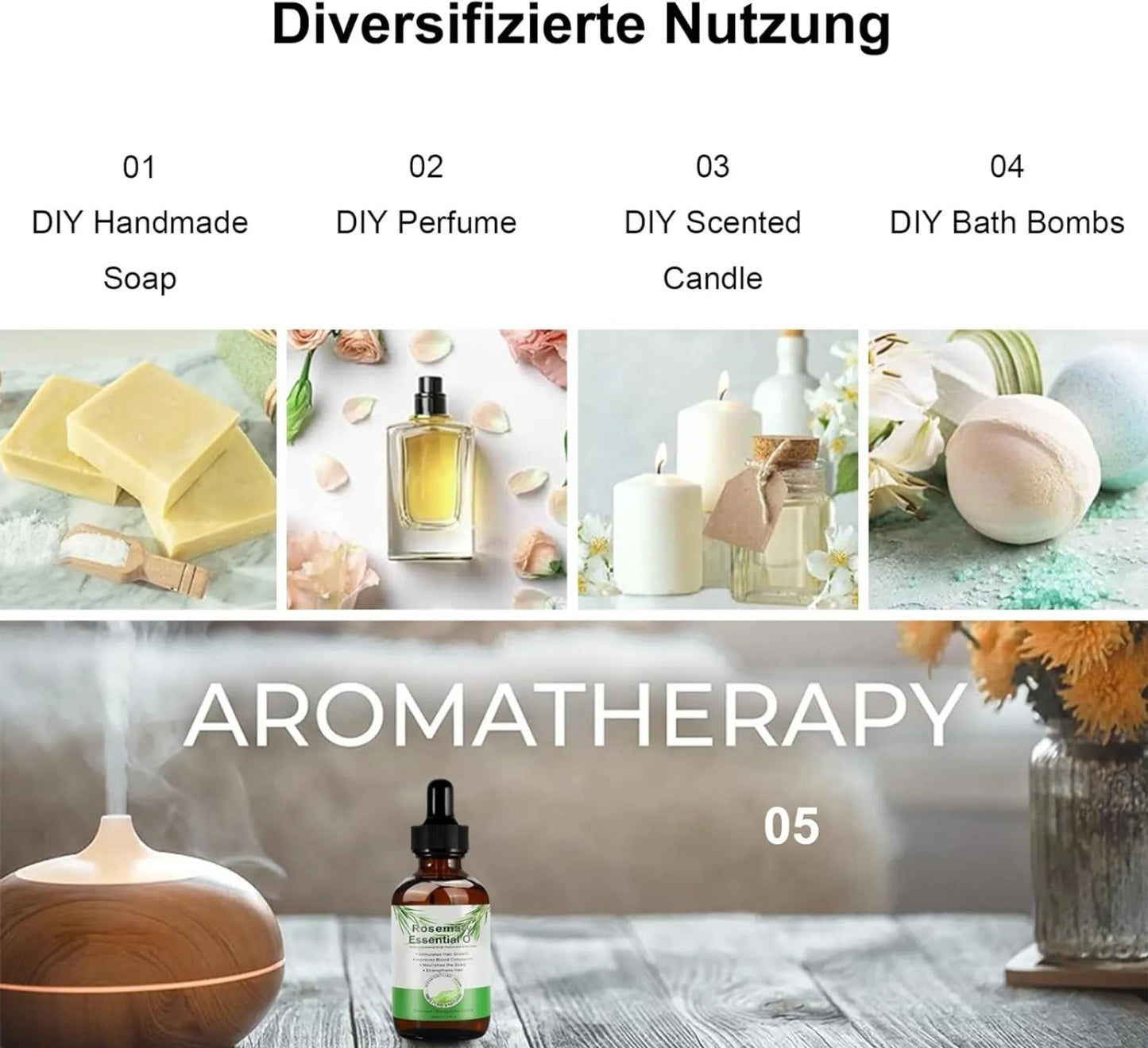 Rosmarinöl mit Silikonbürste für Haare und Kopfhaut, für Gesundes Haarwachstum, 100% Naturreines Ätherisches Rosmarin Öl für Hautpflege