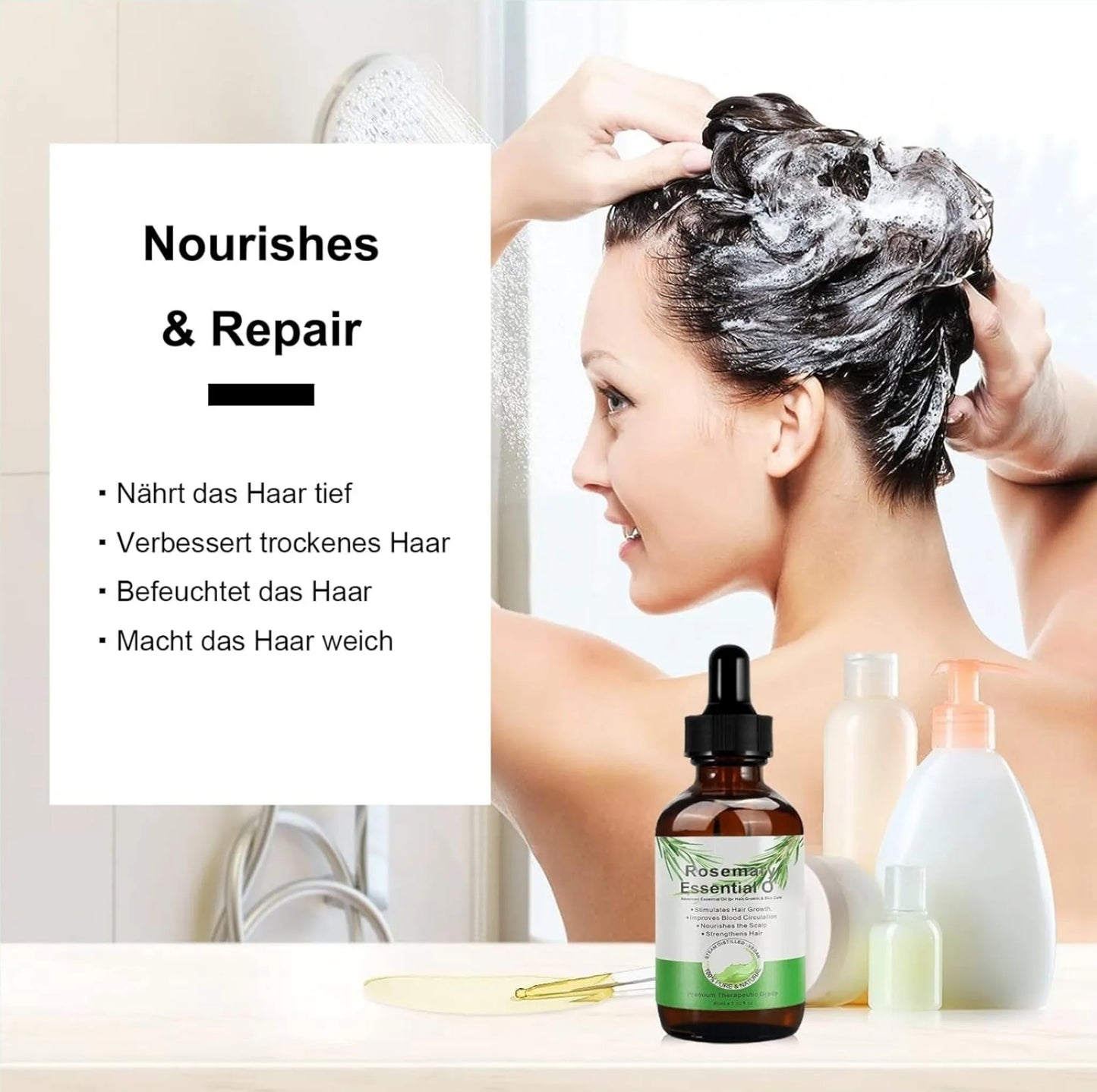 Rosmarinöl mit Silikonbürste für Haare und Kopfhaut, für Gesundes Haarwachstum, 100% Naturreines Ätherisches Rosmarin Öl für Hautpflege
