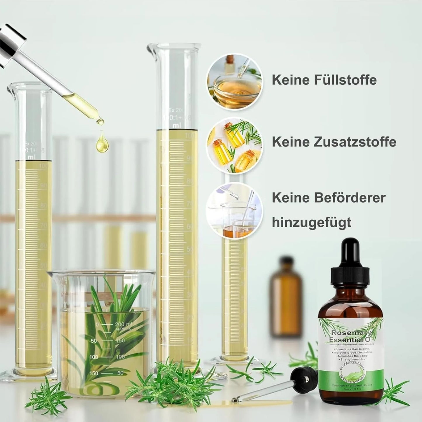 Rosmarinöl mit Silikonbürste für Haare und Kopfhaut, für Gesundes Haarwachstum, 100% Naturreines Ätherisches Rosmarin Öl für Hautpflege
